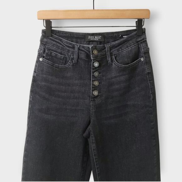 Judy Blue Button Fly Trouser Flare Jeans Black Sz 3/26 Retro Minimalist JB88355 - Picture 2 of 12